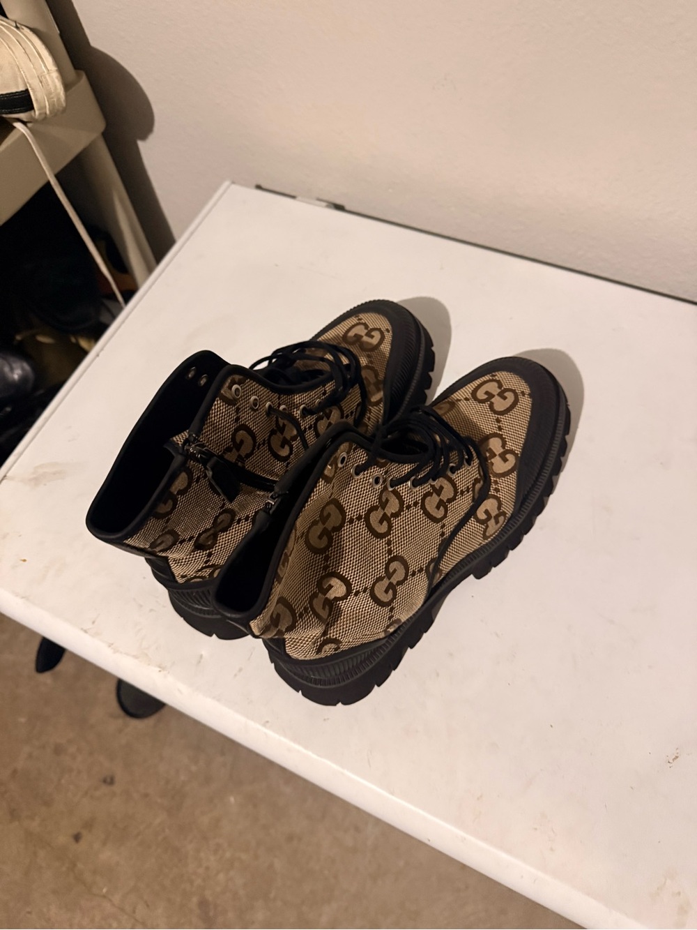 Gucci Beige and Black Monogram Lace-Up Boots